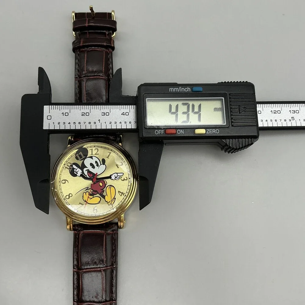 Disney Mickey Mouse Men Watch 43mm Gold Tone Brown Leather P234.85574.4 New Batt